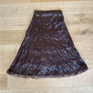 Passport - Boho Tiered Lace Trim Midi Skirt in Brown